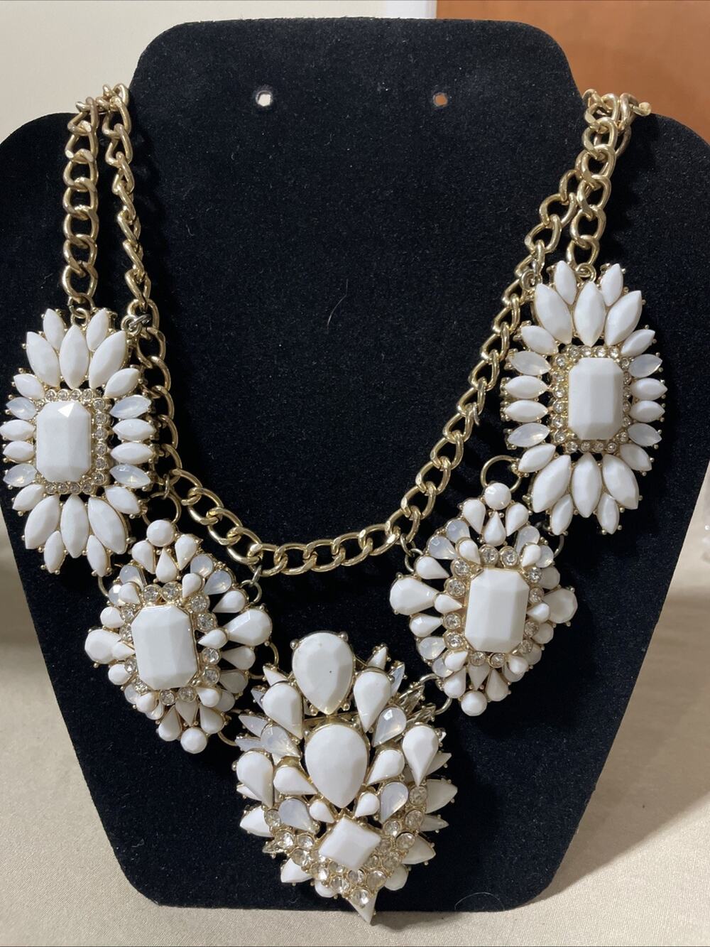 Heavy Vintage 80's Statement White Necklace Rhinestones